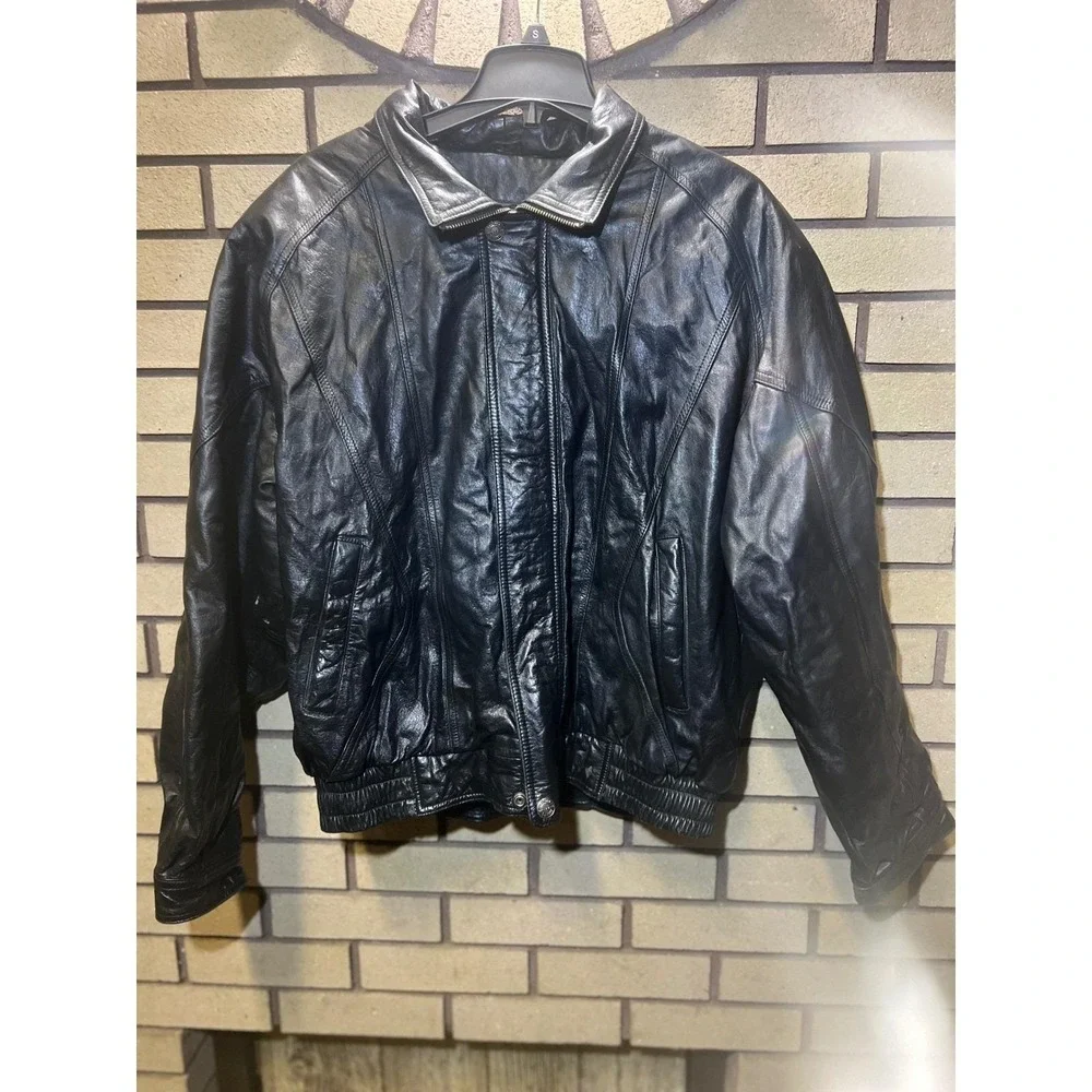 VTG Wilsons Leather Experts Mens Black Genuine Leather‎ Bomber Jacket Lined XL